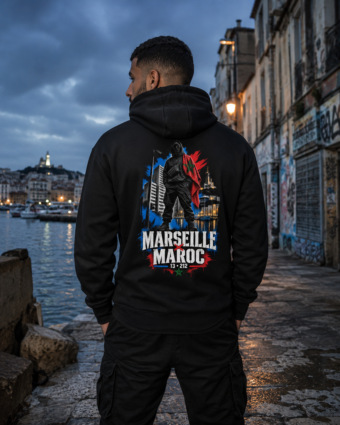 Marseille × Maroc 13•212 Premium Hoodie – Schwarz