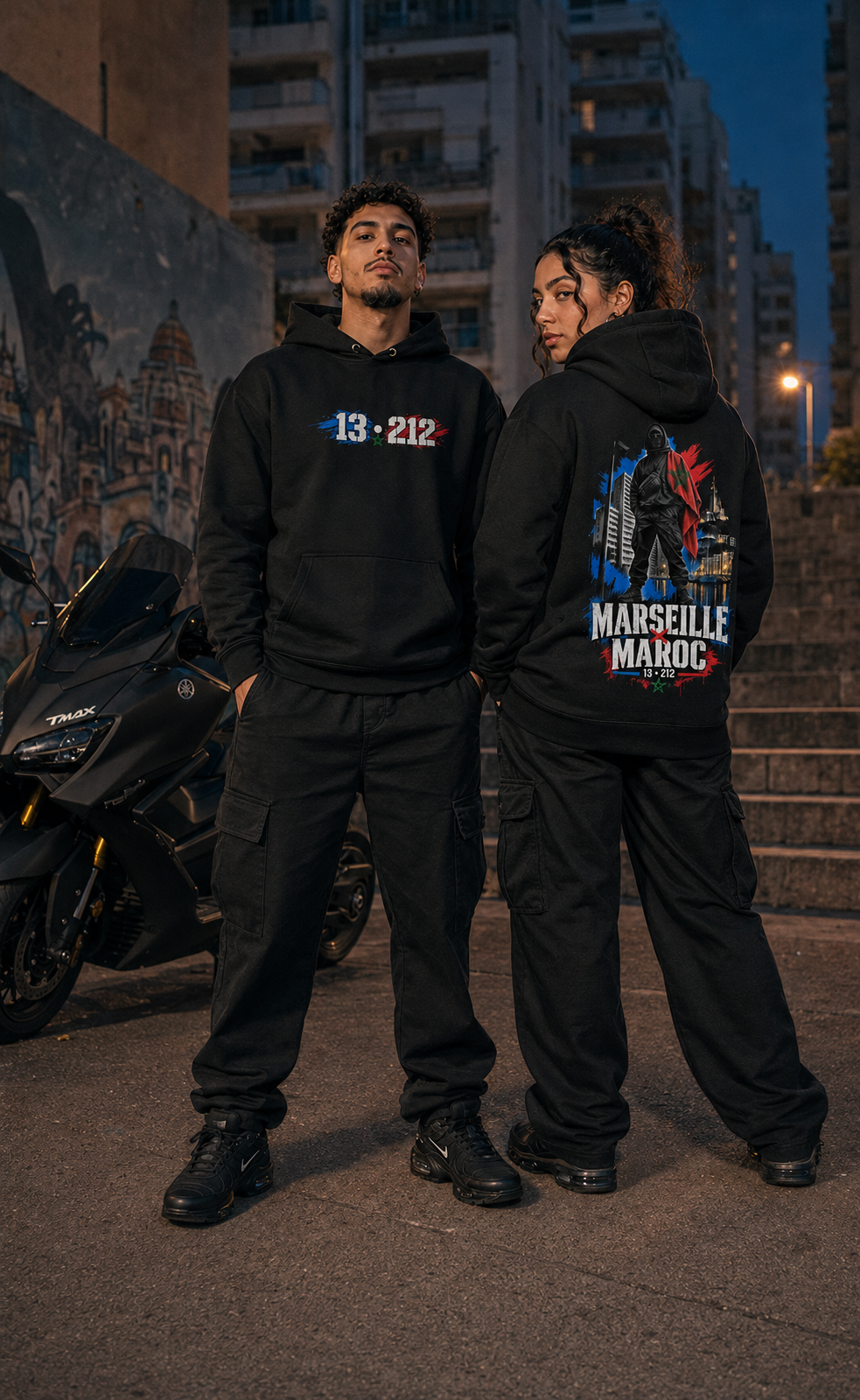 Marseille × Maroc 13•212 Premium Hoodie – Schwarz